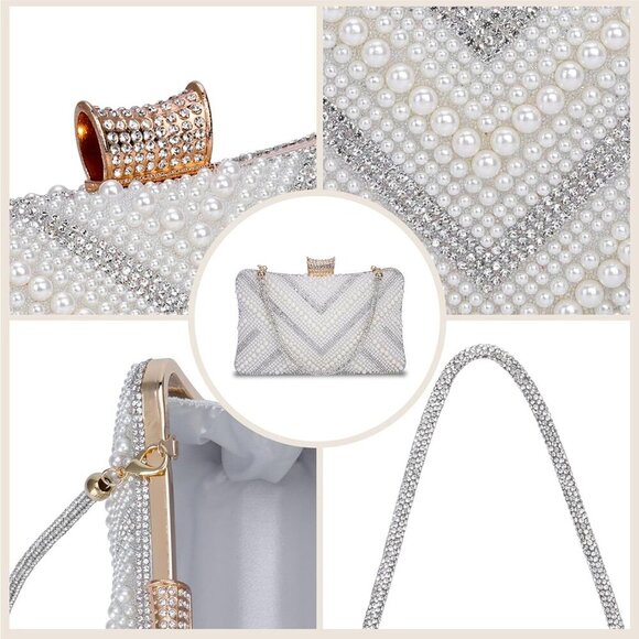 Women’s Pearl Beaded Clutch Purse Sparkling Evening BAG Handbag for Wedding Part - Picture 4 of 8